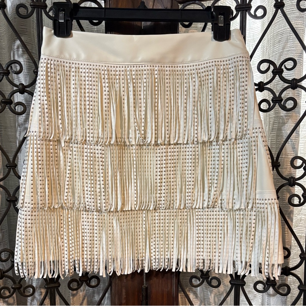 Ivory Fringe Mini Skirt with Stud Detailing